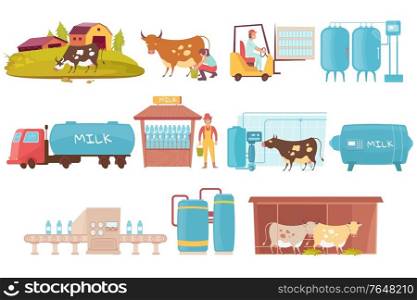 Dairy products production set with flat machinery icons milk storage cans and images of grazing cows vector illustration