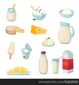 Dairy Products Set. Dairy products set with milk in various packaging cheese yogurt butter curd sour cream isolated vector illustration