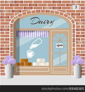 Dairy products shop.. Dairy Products Shop building. Milk products store. Bottle with milk sticker on the window. White and yellow cheese wheels. Red brick facade. Vector illustration EPS 10.