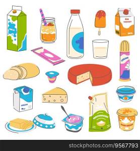 Dairy products variety, isolated assortment of milk in packages, cheese, and chocolate. Yogurt and whipped cream for dessert, healthy and balanced food, and ingredients. Vector in flat style. Milk and dairy products, cheese and yogurt dessert