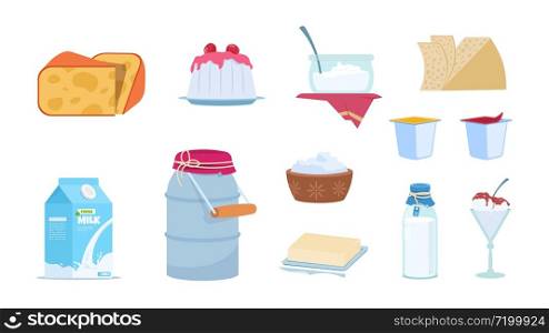 Dairy products. White milk containers, cheese slices, butter brick, bowls of yogurt and ice cream. Vector set isolated illustration of cartoon milk products. Dairy products. White milk containers, cheese slices, butter brick, bowls of yogurt and ice cream. Vector set of cartoon milk products