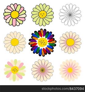 Daisies flowers vintage collection in 1960s style. Floral summer set for logo, stickers and posters. Hand drawn isolated vector illustration for decor and design.