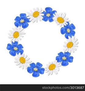 Daisy and forget-me-not, flax, wildflowers. Beautiful wreath.. Daisy and forget-me-not, flax, chamomile wildflowers. Beautiful wreath. Elegant floral collection with isolated blue, white, yellow leaves and flowers. Design for invitation, wedding or greeting cards