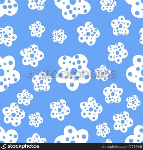 Daisy field. Simple chamomile flowers seamless pattern. Floral print with daisies flowers on blue background.Spring design for fabric, textile print, wrapping paper. Daisy field. Simple chamomile flowers seamless pattern.