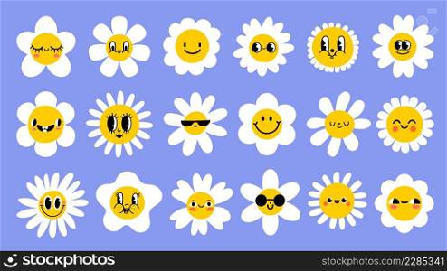 Daisy flowers with cartoon funny smiling faces, chamomile characters. Cute camomile happy emotion. Kids logo design with daisies vector set. Illustration of smile floral flower, bloom camomile. Daisy flowers with cartoon funny smiling faces, chamomile characters. Cute camomile happy emotion. Kids logo design with daisies vector set