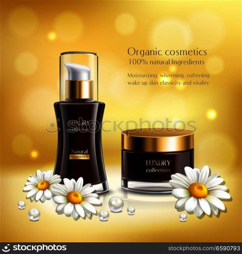 Daisy realistic golden composition with organic cosmetics one hundred percent natural ingredients headline vector illustration. Daisy Realistic Golden Composition