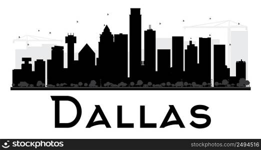Dallas City skyline black and white silhouette. Vector illustration. Simple flat concept for tourism presentation, banner, placard or web site. Business travel concept. Cityscape with landmarks