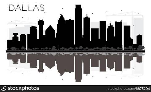 Dallas City skyline black and white silhouette with reflections. Vector illustration. Simple flat concept for tourism presentation, banner, placard or web site. Cityscape with landmarks.