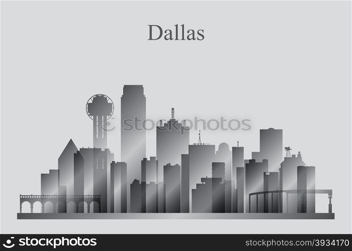 Dallas city skyline silhouette in grayscale, vector illustration