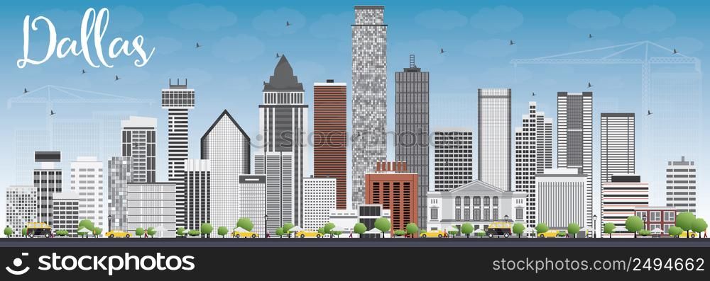 Dallas Skyline with Gray Buildings and Blue Sky. Vector Illustration. Business Travel and Tourism Concept with Modern Buildings. Image for Presentation Banner Placard and Web Site.