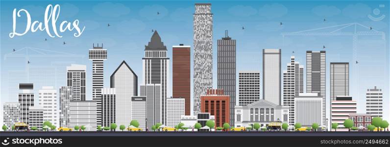 Dallas Skyline with Gray Buildings and Blue Sky. Vector Illustration. Business Travel and Tourism Concept with Modern Buildings. Image for Presentation Banner Placard and Web Site.