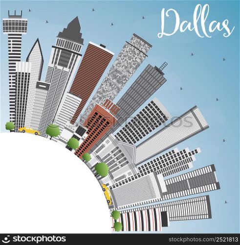 Dallas Skyline with Gray Buildings, Blue Sky and Copy Space. Vector Illustration. Business Travel and Tourism Concept with Modern Buildings. Image for Presentation Banner Placard and Web Site.
