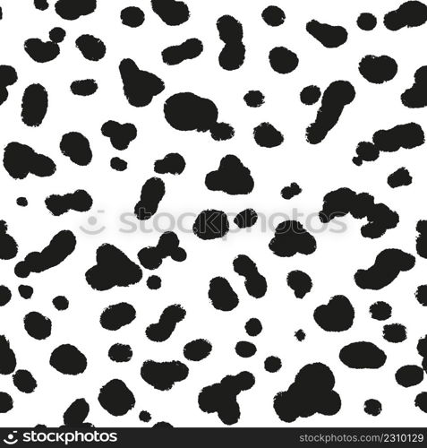 Dalmatian coloration seamless pattern. Black abstract organic blobs on white background. Black dalmatian spots on a white backdrop. Animal print. Vector hand drawn illustration.. Dalmatian coloration seamless pattern. Black abstract organic blobs on white background. Black dalmatian spots on a white backdrop. Animal print. Vector hand drawn illustration