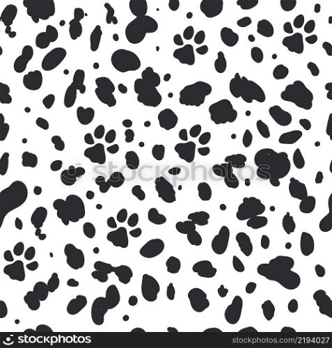 Dalmatian seamless pattern. Animal skin print. Dogs black dots and paw on white background. Vector illustration. Dalmatian seamless pattern. Animal skin print. Dogs black dots and paw on white background. Vector