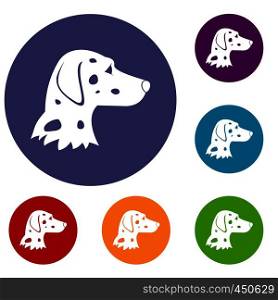 Dalmatians dog icons set in flat circle reb, blue and green color for web. Dalmatians dog icons set