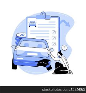 Damage evaluation isolated cartoon vector illustrations. Professional insurance specialist assesses losses in case of a car accident, legal service, transport damage vector cartoon.. Damage evaluation isolated cartoon vector illustrations.