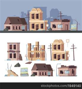 Damaged buildings. Bad old trouble houses abandoned exterior wooden destroyed constructions vector collection set. Illustration building damage, accident earthquake, architecture exterior. Damaged buildings. Bad old trouble houses abandoned exterior wooden destroyed constructions vector collection set