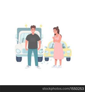 Damaged car drivers flat color vector detailed character. Angry man with crashed car. Upset woman on road. Car accident isolated cartoon illustration for web graphic design and animation. Damaged car drivers flat color vector faceless character