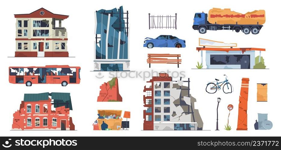Damaged city objects. Collapsing urban buildings and transport, post apocalyptic destructions, war abandon houses, street ruins, broken car, bus and garbage truck, vector cartoon flat isolated set. Damaged city objects. Collapsing urban buildings and transport, post apocalyptic destructions, war abandon houses, street ruins, broken car, bus and garbage truck, vector isolated set