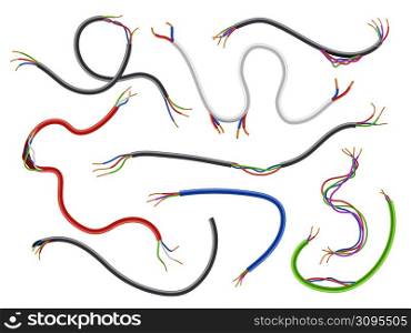 Damaged electrical cables. Realistic flexible broken color wires. 3D cords with thin metal wiring. Various shapes and length pieces. Uninsulated current circuit. Vector torn electricity conductors set. Damaged electrical cables. Realistic flexible broken wires. 3D cords with thin wiring. Various shapes and length pieces. Uninsulated current circuit. Vector torn electricity conductors set