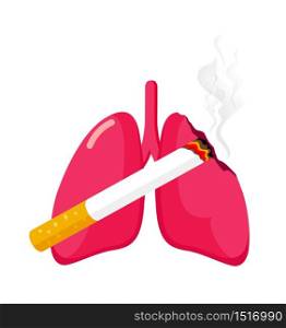 Damaged lung with cigarette. Stop smoking concept. World no tobacco day. Smoking is harmful to human organs. Resulting in organ damage and premature. Vector illustration.