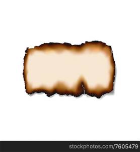 Damaged piece of paper isolated burnt sheet. Vector scorched parchment, document scraps destroyed by fire. Burnt damaged piece of paper or document isolated
