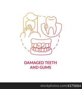 Damaged teeth and gums red gradient concept icon. Tooth decay. Oral cavity problems abstract idea thin line illustration. Isolated outline drawing. Roboto-Medium, Myriad Pro-Bold fonts used. Damaged teeth and gums red gradient concept icon