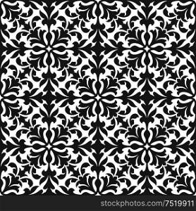 Damask floral seamless pattern with gray arabesque ornament of scrolling and interlacing leaves on white background. Tile and fabric print, interior design. Damask floral seamless pattern with gray foliage