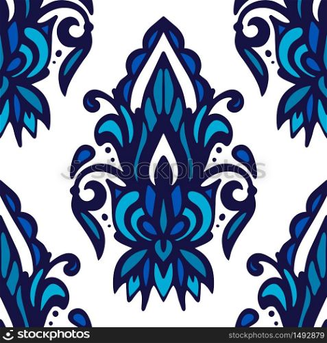 Damask flower vector seamless pattern. Blue and white flourish ceramic tile. Arabesque flower for fabric. Damask flower vector seamless pattern blue and white tile .