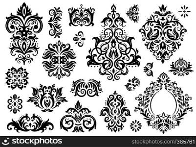 Damask ornament. Vintage floral sprigs pattern, baroque ornaments and victorian decor ornamental patterns. Antique ornament borders, rococo ornate or arabesque. Isolated vector illustration sign set. Damask ornament. Vintage floral sprigs pattern, baroque ornaments and victorian decor ornamental patterns vector illustration set