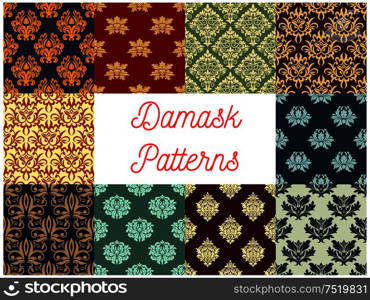 Damask ornamental decoration seamless patterns. Luxurious royal baroque ornaments and imperial decorative floral pattern tiles. Damask ornamental decoration patterns