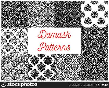 Damask pattern set of black and white seamless background with floral arabesque ornaments. Interior textile print or wallpaper design. Black and white damask floral patterns set