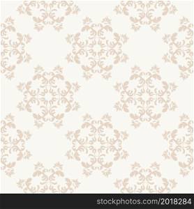 Damask pattern with circular pattern of plant elements. Beige color. Seamless vector background. For textiles, wallpaper, tiles or packaging.. Damask pattern with circular pattern