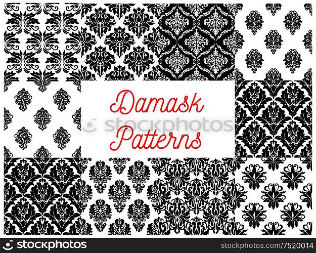 Damask patterns. Vector pattern of ornamental floral elements. Luxurious royal baroque decoration ornaments. Imperial decorative flourish black and white pattern tile backgrounds. Damask ornamental decoration patterns