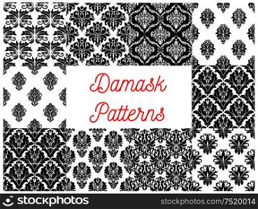 Damask patterns. Vector pattern of ornamental floral elements. Luxurious royal baroque decoration ornaments. Imperial decorative flourish black and white pattern tile backgrounds. Damask ornamental decoration patterns