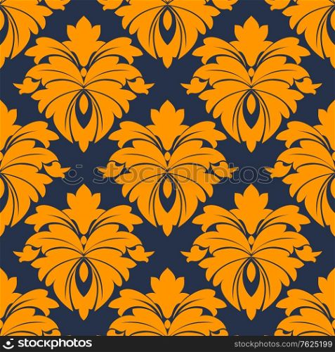 Damask seamless pattern in blue and orange for background, wallpaper of fabric design