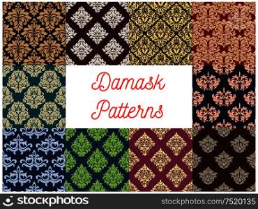 Damask seamless patterns with set of arabesque floral ornament with stylized flower and composition of leaves. Fabric print, wallpaper and interior textile design. Damask floral seamless patterns set