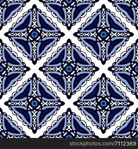 Damask seamless tiles vector design. Blue and white ceramics azulejo mosaic design with cross decoration. Damask seamless tiles vector design surface background