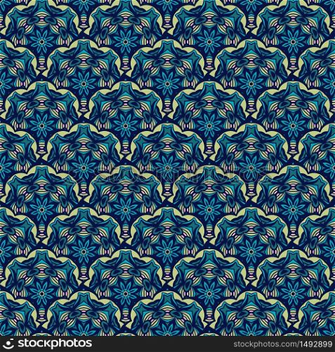 Damask seamless tiles with flower decor vector design blue stylized squama pattern ornamental. Trendy oriental surface design. Blue oriental pattern for tiles and fabric. Abstract geometric vintage seamless pattern ornamental.