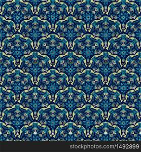 Damask seamless tiles with flower decor vector design blue stylized squama pattern ornamental. Trendy oriental surface design. Blue oriental pattern for tiles and fabric. Abstract geometric vintage seamless pattern ornamental.