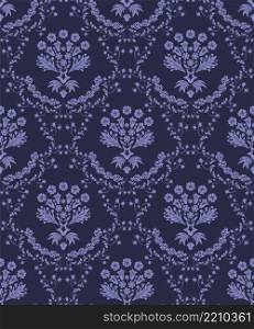 Damask Seamless Vector Pattern. Elegant Design in Royal Baroque Style Background Texture in Very Peri color. Floral and Swirl Element. Ideal for Textile Print and Wallpapers.