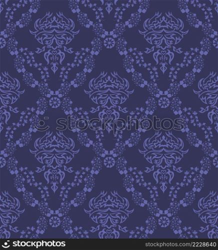 Damask Seamless Vector Pattern.  Elegant Design in Royal  Baroque Style Background Texture in Very Peri color. Floral and Swirl Element.  Ideal for Textile Print and Wallpapers.