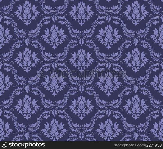 Damask Seamless Vector Pattern.  Elegant Design in Royal  Baroque Style Background Texture in Very Peri color. Floral and Swirl Element.  Ideal for Textile Print and Wallpapers.