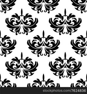 Damask style arabesque pattern with a repeat black and white floral motif in a seamless pattern suitable for fabric, tiles or wallpaper design. Damask style arabesque pattern with a floral motif