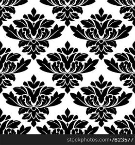 Damask style arabesque seamless pattern with large black and white floral motifs in a close configuration, vector illustration in square format