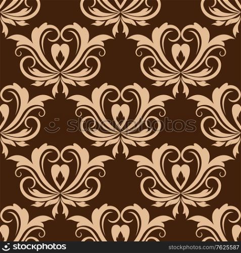 Damask style beige colored floral seamless pattern for tiles, wallpaper or fabric design in square format isolated over brown background. Damask seamless floral pattern