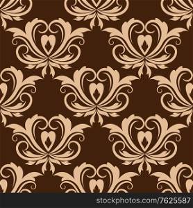 Damask style beige colored floral seamless pattern for tiles, wallpaper or fabric design in square format isolated over brown background. Damask seamless floral pattern