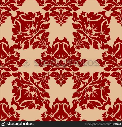Damask style floral pattern in red with the floral motifs arranged in circular orientation for a seamless design in square format suitable for fabric or wallpaper