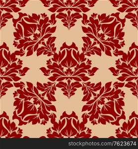 Damask style floral pattern in red with the floral motifs arranged in circular orientation for a seamless design in square format suitable for fabric or wallpaper