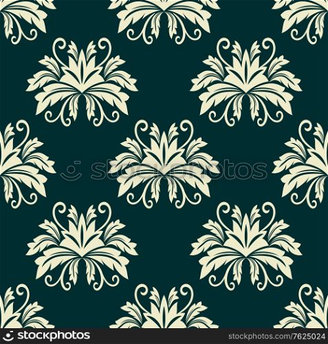 Damask style floral seamless pattern in beige color for tiles, wallpaper or fabric design in square format isolated over green background